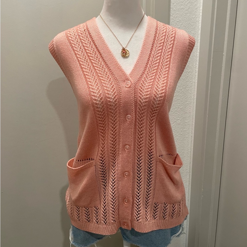 VTG NWT 90s Cottagecore Pink Button-Down Sleeveless Sweater Vest - PM